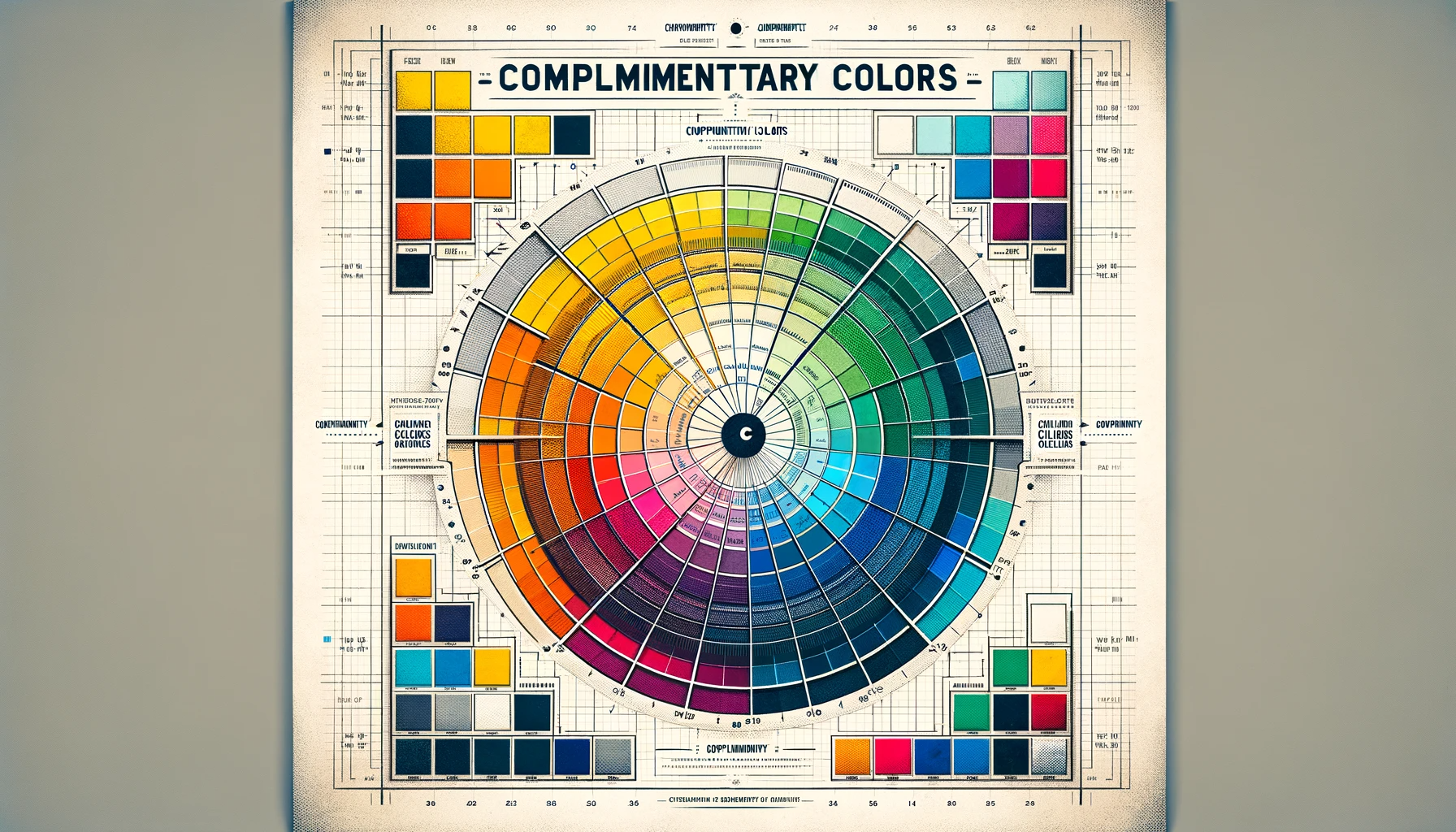 Dall·e 2023 11 28 13.24.34   a Detailed and Artistic Infographic Showcasing Complementary Colors on Color Wheels. the Graphic Should Include Multiple Color Wheels That Demonstrate